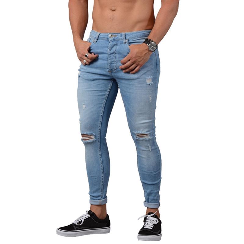 Pánská móda Sexy Slim Fit Spodní tužkové kalhoty Denim Dírky na kolenou Roztrhaný Street Style Skinny džíny