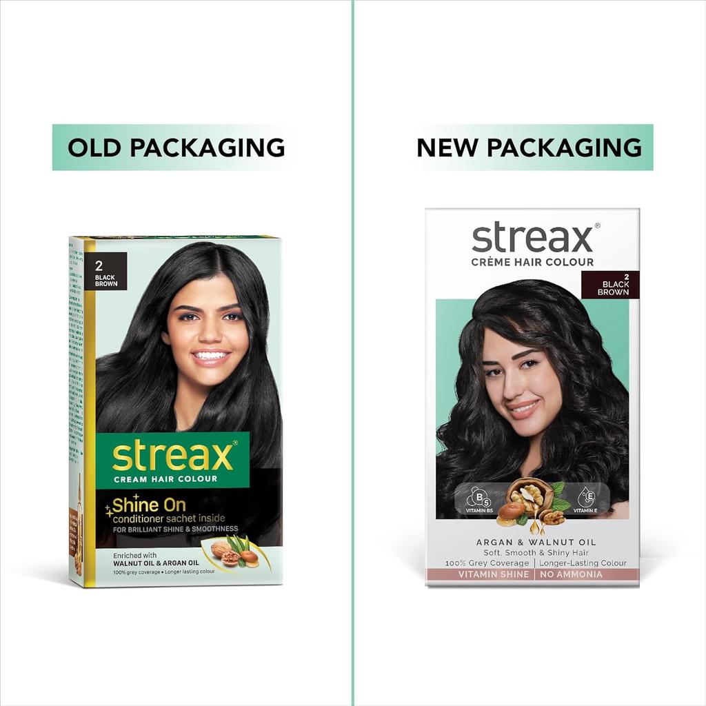 Streax Crème Permanent Hair Colour 2 Black Brown 120ml Long Lasting Grey Coverage Ammonia Free Hair Color Women