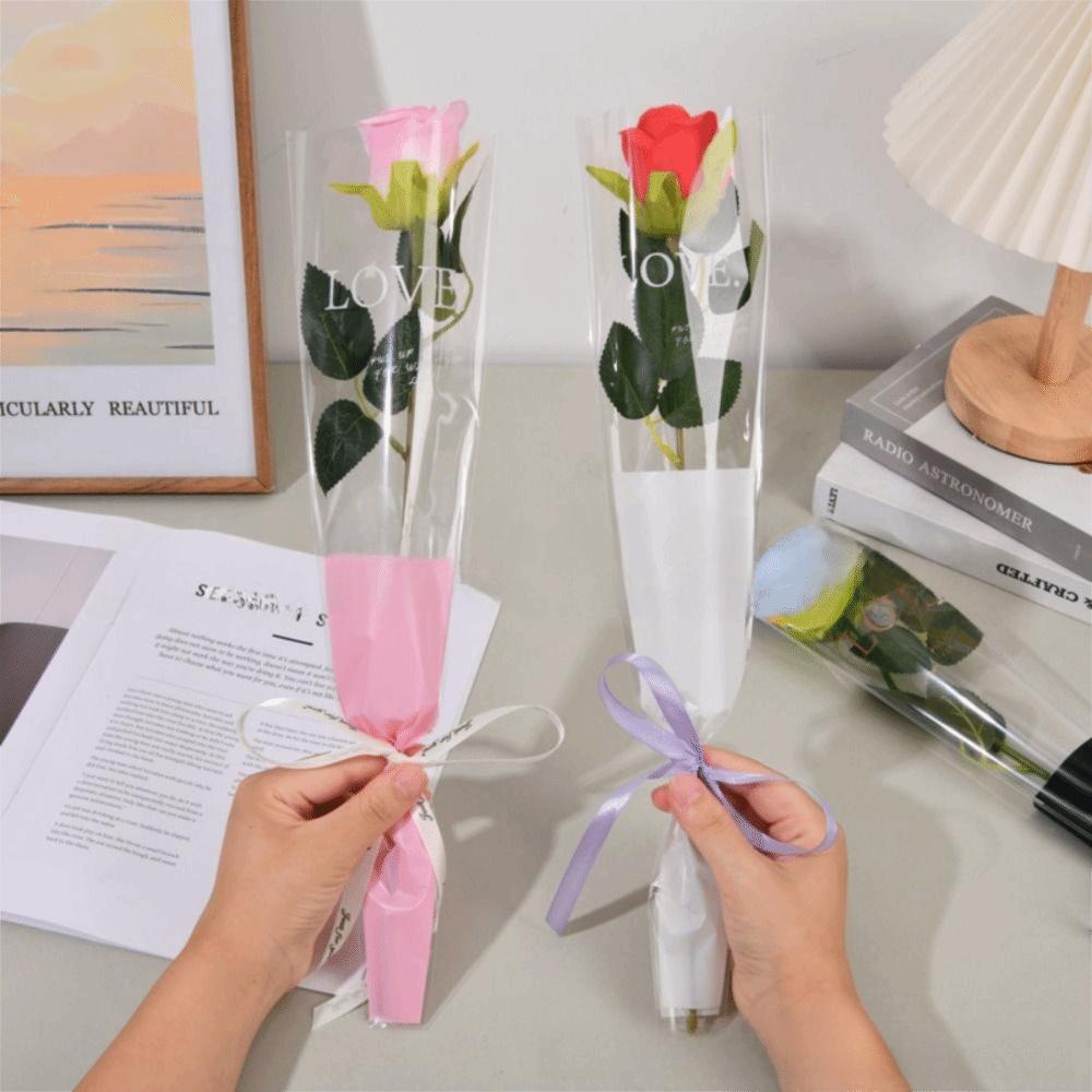 50Pcs Transparent Flower Packaging Bag Love Single Rose Sleeves Creative Bouquet Wrapper  Wedding