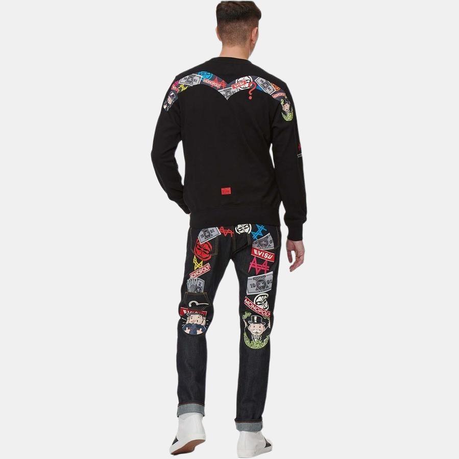 Evisu Letter Logo Cartoon Pattern Printed Pullover Round Neck Sweatshirt Unisex sweatshirt Black 2ESMOM2SW450XXCT