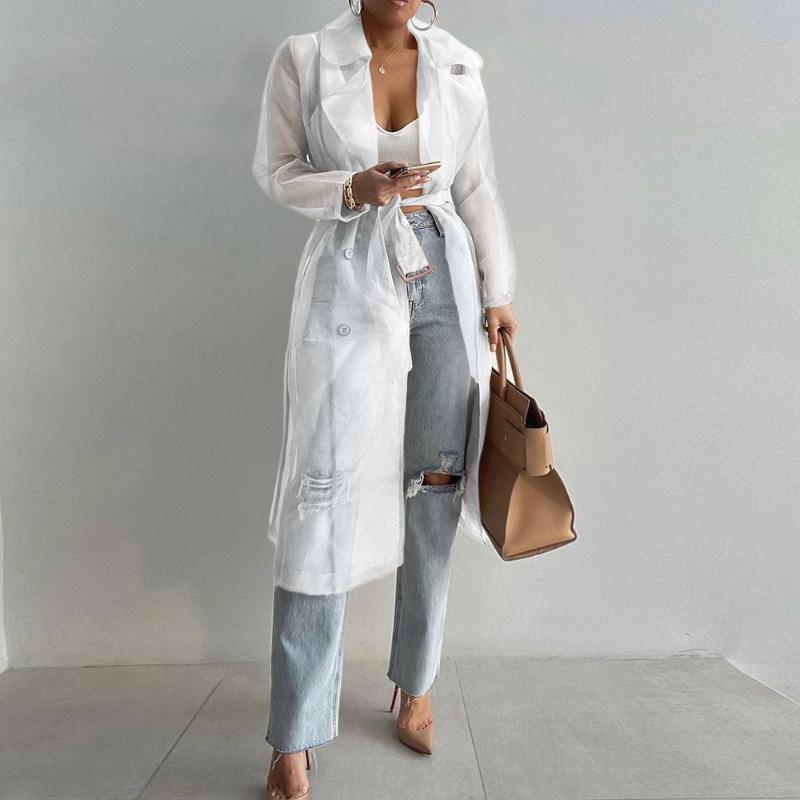 Elegant Fashion See Through Cardigan Long Shirt with Belt Notched Collar Women Blouse Thin Long Sleeve Summer Loose Clothes 26544