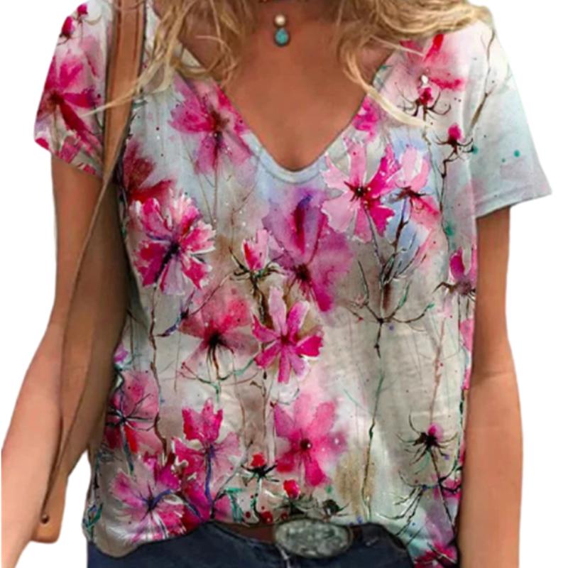 Fashion Spring  Multicolored Print Blouses Short Sleeved V-Neck T Shirts Casual