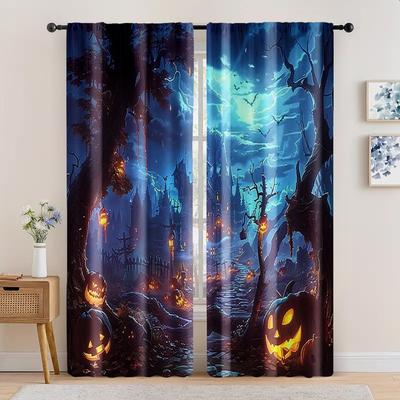 2pc, Window Treatment Curtains Pumpkin Horror Forest Versatile 100% Polyester,Without Electricity Versatile Perfect for Bedroom