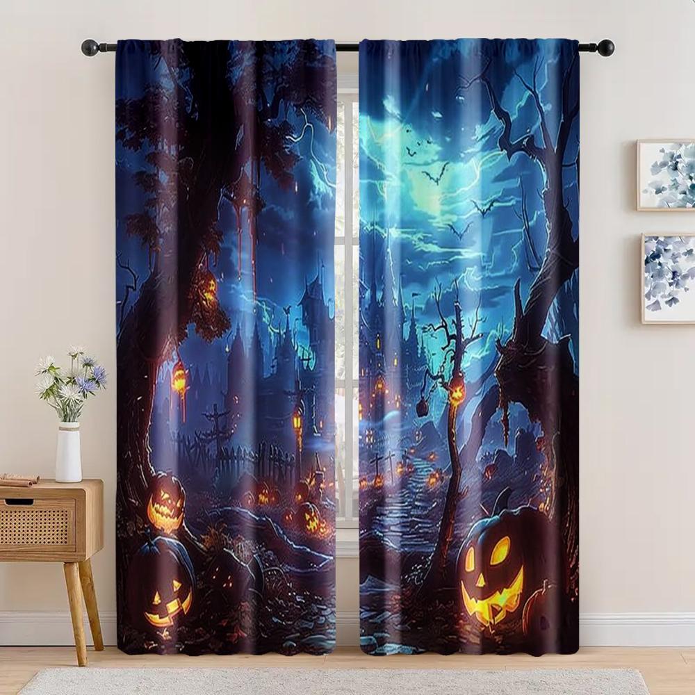 2pc,  Window Treatment Curtains Pumpkin Horror Forest Versatile 100% Polyester,Without Electricity Versatile Perfect for Bedroom