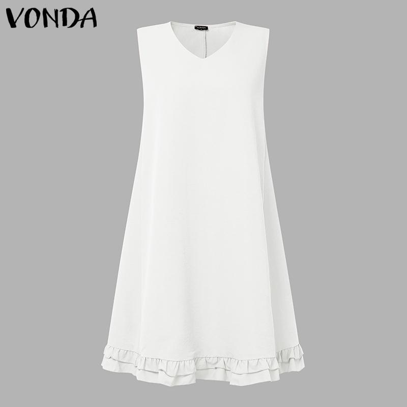 

VONDA Женское платье-майка А-силуэта с V-образным вырезом, без рукавов, однотонное, повседневное, с оборкой по подолу 5XL белый