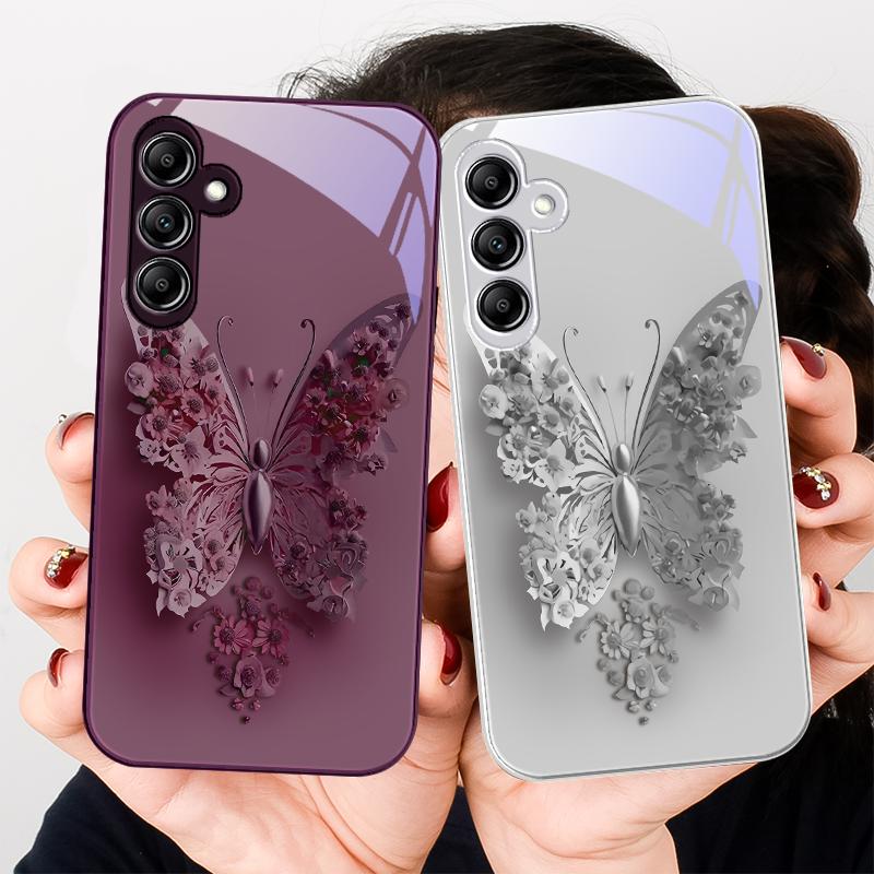 Glass phone case for Samsung Galaxy A01 A02 A03 Core A04 A14 4G A13 A54 A34 31 20 25 23 22 5G S21 Ultra S20 Flying Butterflies