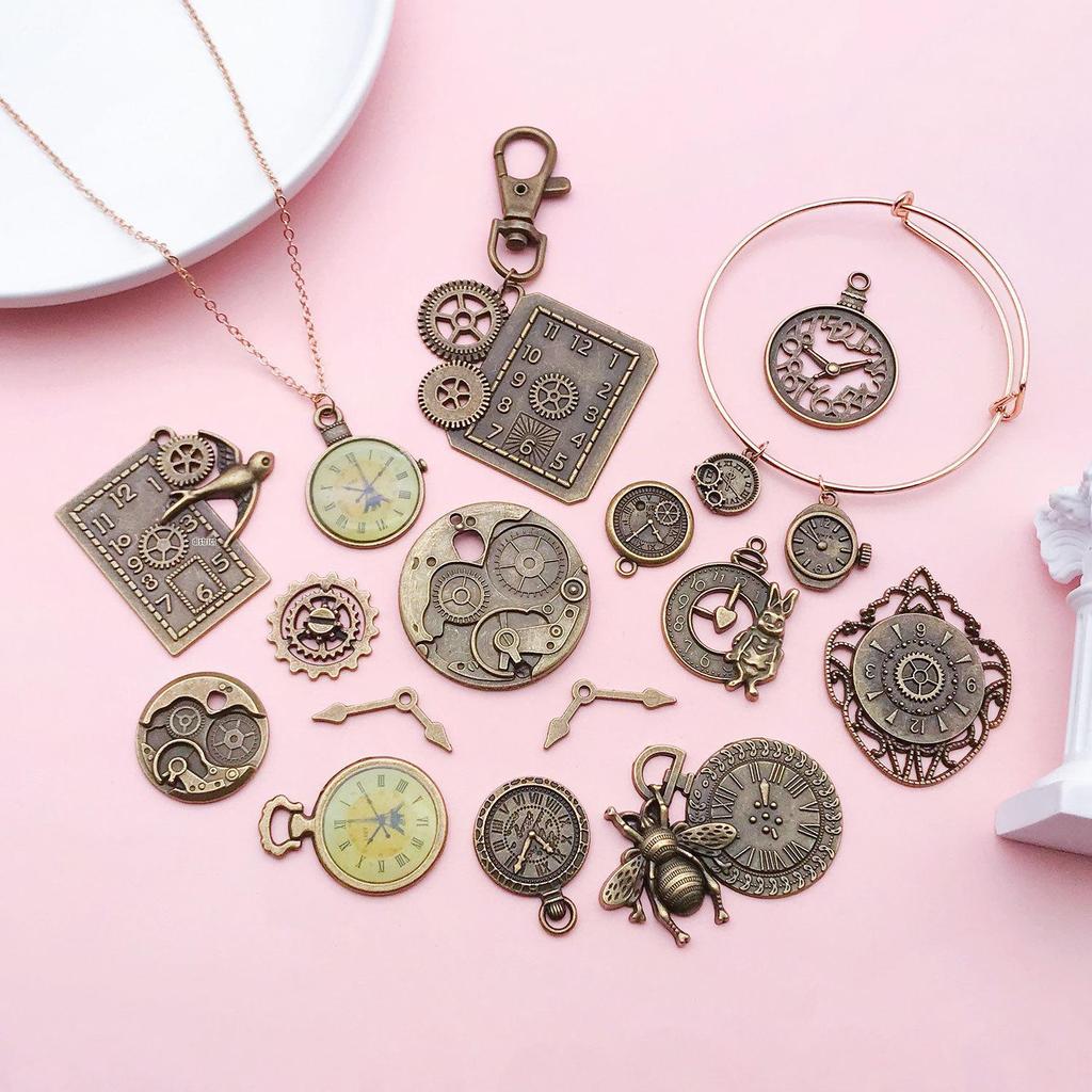 Vintage Green European Gear Pendant Clock Necklace Charm Components