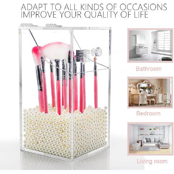 Акриловый держатель для кистей, Пылезащитный органайзер для косметических кистей с крышкой, Закрытый держатель для кистей с белым жемчугом, Прозрачный -NEWCREA