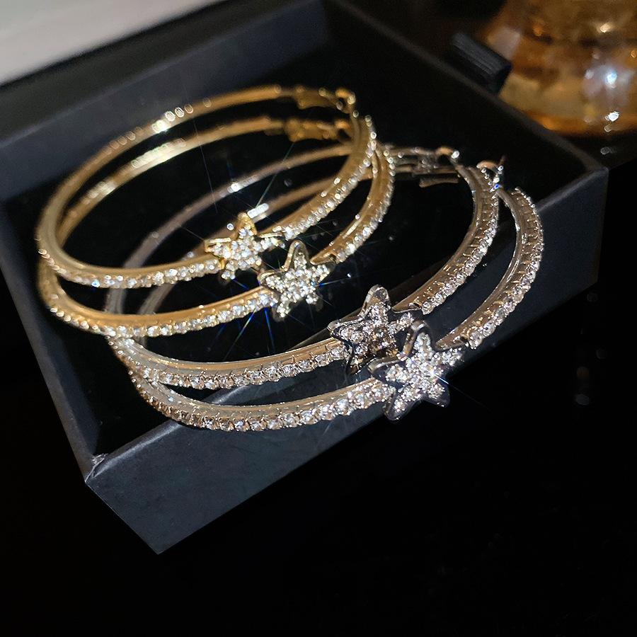 Fashion Sparkling Rhinestone Hoop Earrings for Women Star Exaggerated Round Earrings Buckle Luxurious Party Jewelry Accessories