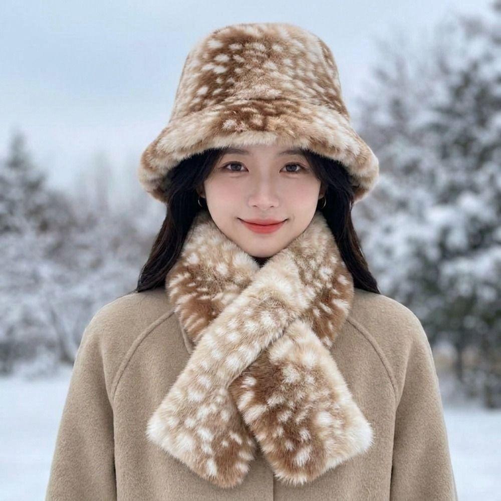 Thick Warm Deer Patterned Faux Fur Hat Faux Mink Fur Plush Neck Warmer Cold Weather