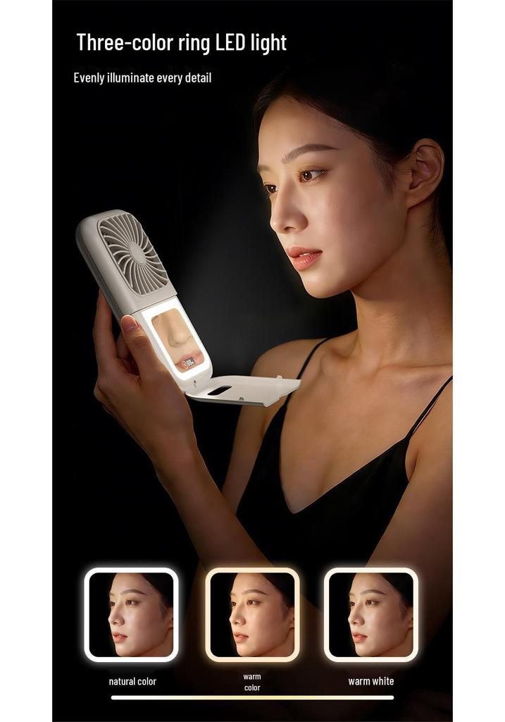 Portable Neck-Hanging USB Fan with Foldable Stand and Makeup Mirror