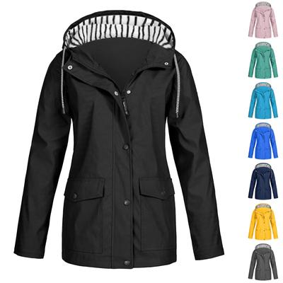 Women Solid Stripe Rain Jacket Outdoor Plus Waterproof Hooded Raincoat Windproof