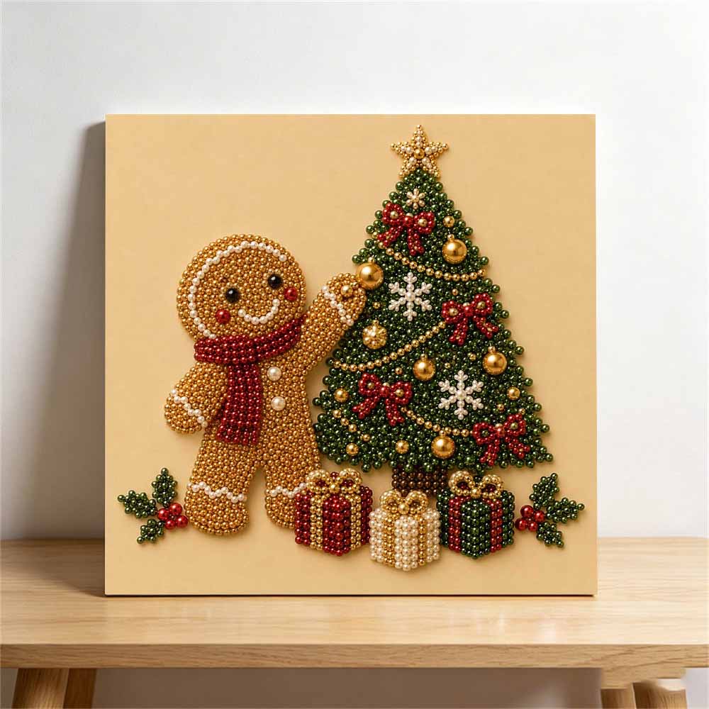 Framed Pearl Bead Art Set with Gingerbread Man Christmas Tree DIY Sparkling Canvas Painting Relaxing Hobby Gift for Holiday Wall Decor