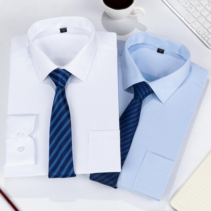 Spring New Men Solid Color Long Sleeve Shirt, Easy Care Business Formal Dress Shirt for Young Men Interview White Shirt