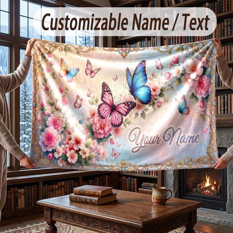 Butterfly Theme Throw Blanket Custom Name Text Personalized Blanket Soft Cozy Blanket for Home Sofa Bed