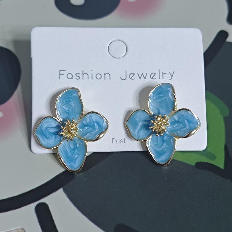 925 Silver Hibiscus Red Flower Stud Earrings - Retro Hong Kong Style with Three-Dimensional Drip Glaze Design