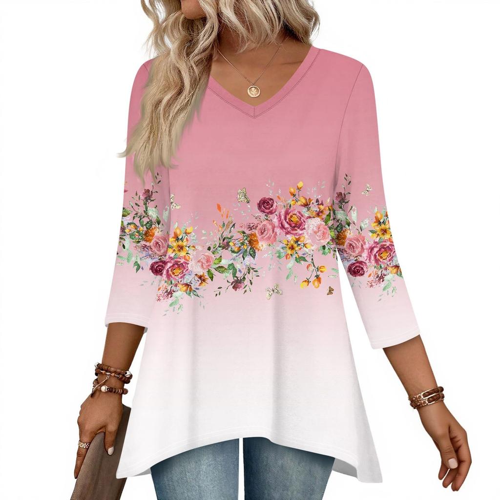Dámské topy s výstřihem do V a 3/4 rukávem, ležérní košile střední délky, módní tuniky s potiskem
