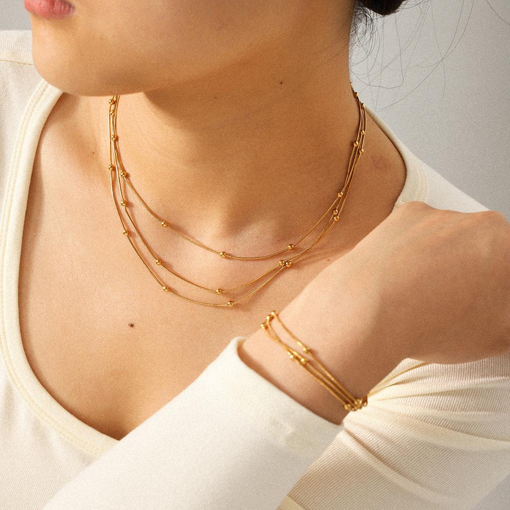 Euro-American style three-layer titanium steel necklace accessory for women, light luxury beaded chain