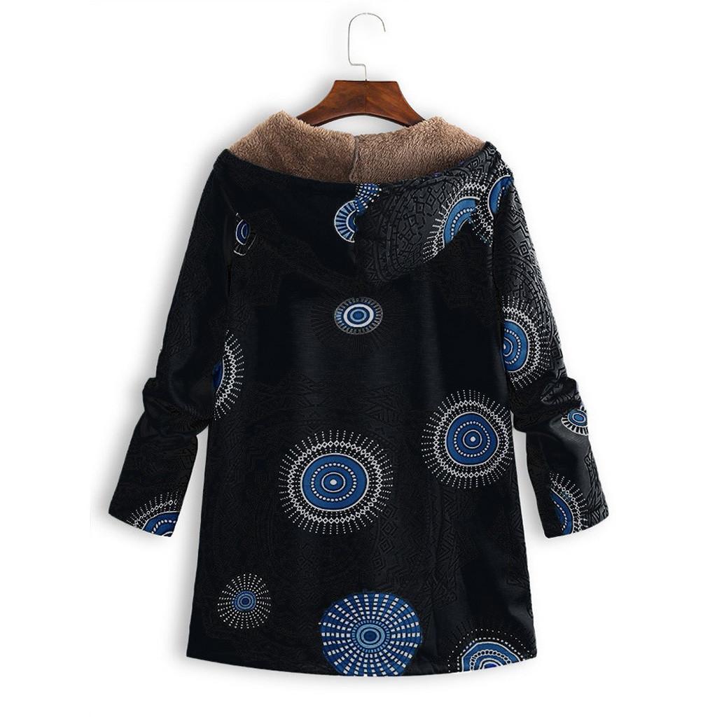 Womens Winter Warm Outwear Print Hooded Pockets Vintage Oversize Coats