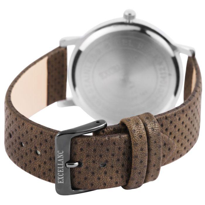 Montre - EXCELLANC - EX0285 - Boîtier métal argenté 40 mm - Bracelet simili cuir marron 20 mm - Quartz analogique