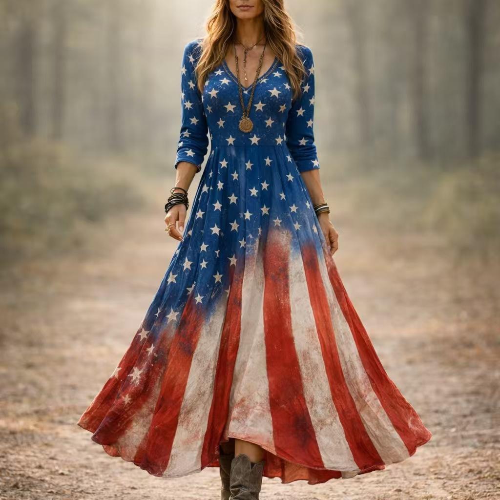 20263D digital printing European and American women s clothing retro long-sleeved long dress loose new S