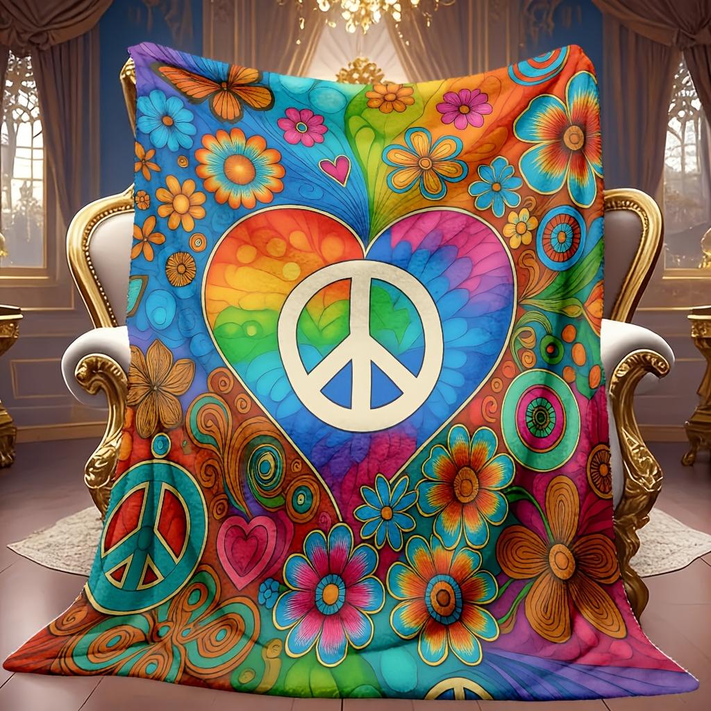 Cozy Fleece Blanket Featuring a Vibrant Rainbow Peace Symbol Pattern with a High-Definition Digital Print of Colorful Floral Designs, Suitable for All