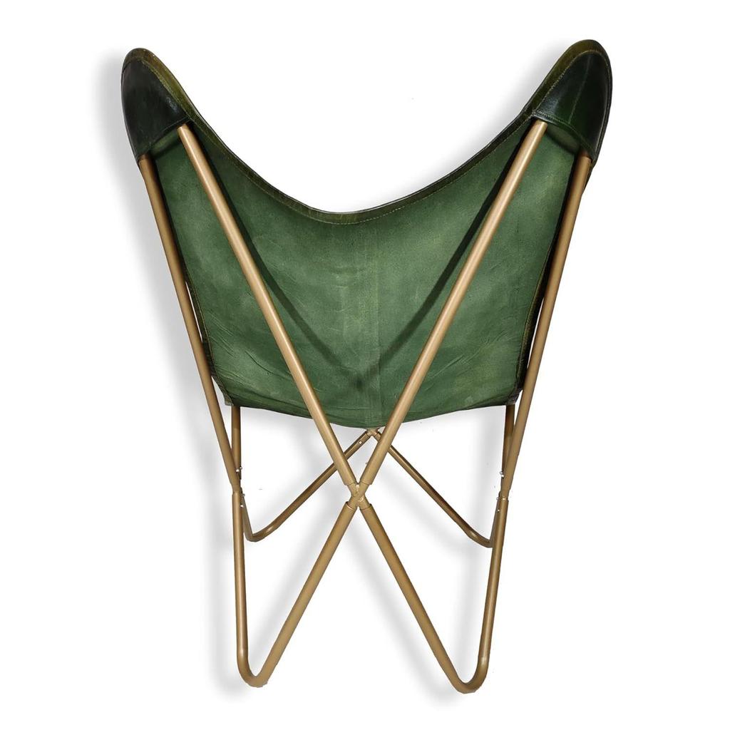 Classic Green Leather Butterfly Chair - Comfortable Folding Living Room Butterfly Chair – with Golden Powder Coated Iron Stand