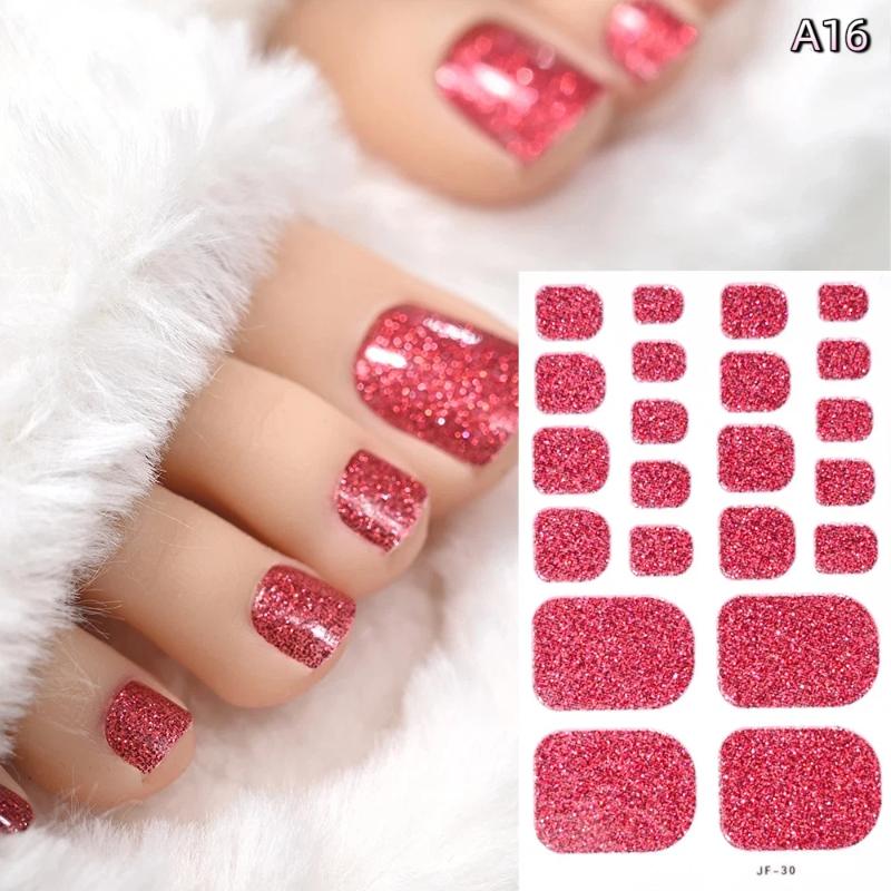 22Pcs/Sheet Toe Nail Sticker Wraps Baking Free Simple Solid Color Glitter Full Cover Toenail Polish Strips Waterproof
