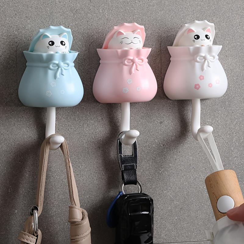 4pcs Cute Cartoon Cat Retractable Hooks,No Drilling Required, Strong Adhesive Wall Hooks for Kitchen, Bathroom, Office,Durable Plastic with Keychain,