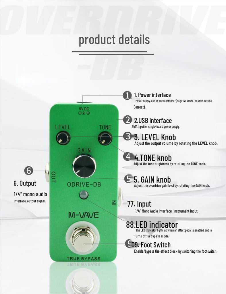 Single Overdrive Guitar Effects Pedal - OVERDRIVE-DB for Electric Guitars