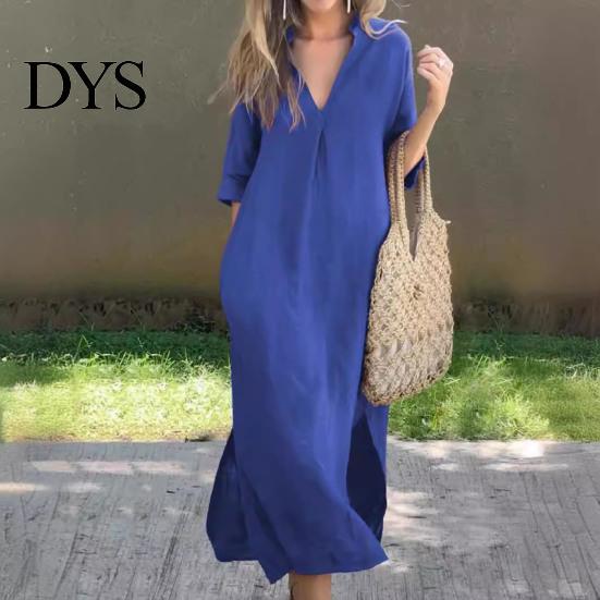 Lightweight Women Dress Summer Deep V Neck Three Quarter Sleeves Ankle Length Solid Color Thin Loose Side Slit A-line Casual Daily Vacation Beach Maxi
