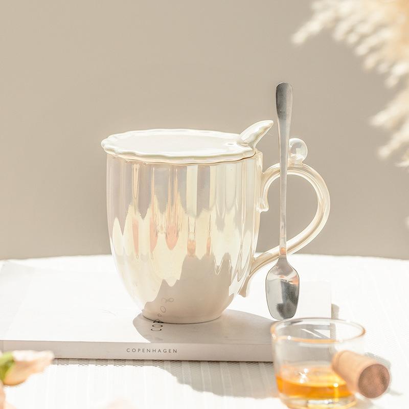 Cream Glue Shell Pearl Ceramic Cup With Lid Girls Water Cup Couple Household Coffee Cup Ceramic Cup