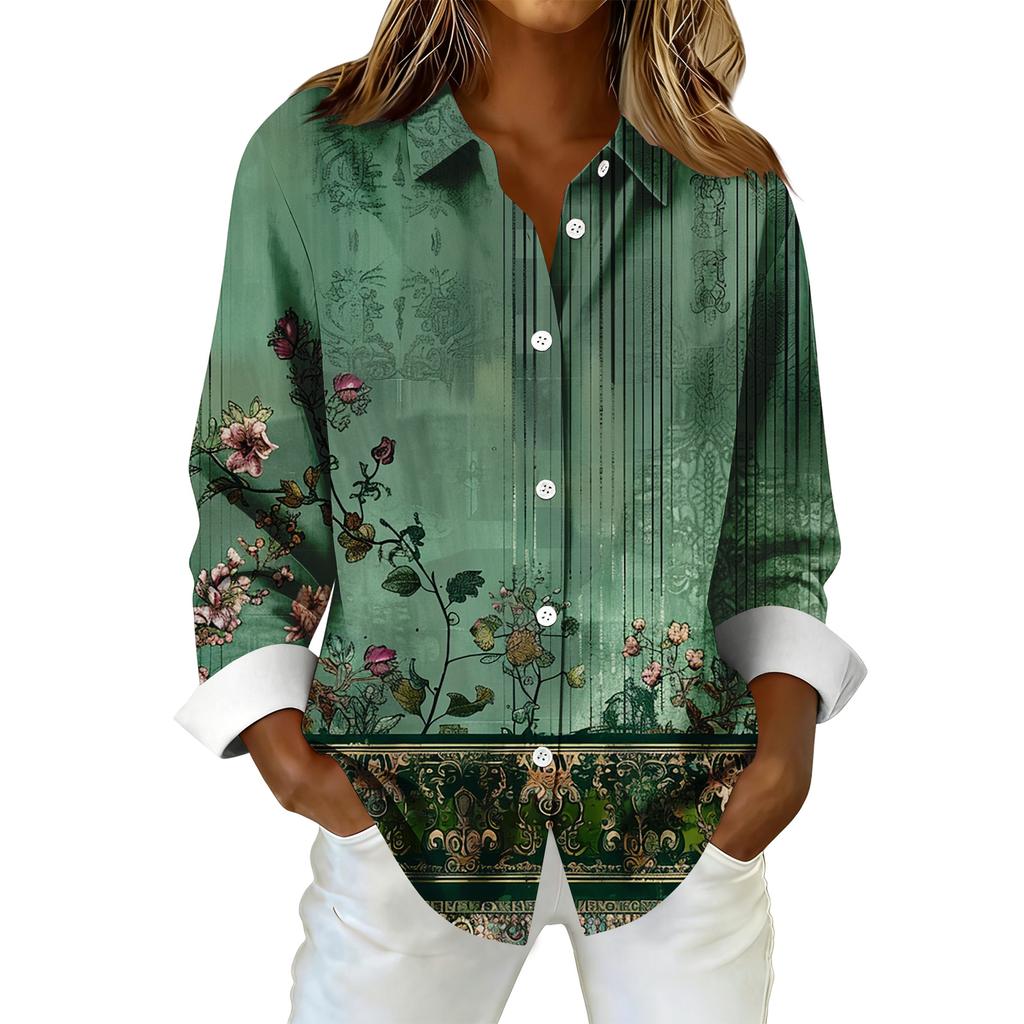 Women's Fashionable Casual Printed Long-Sleeved Button-Up Shirt