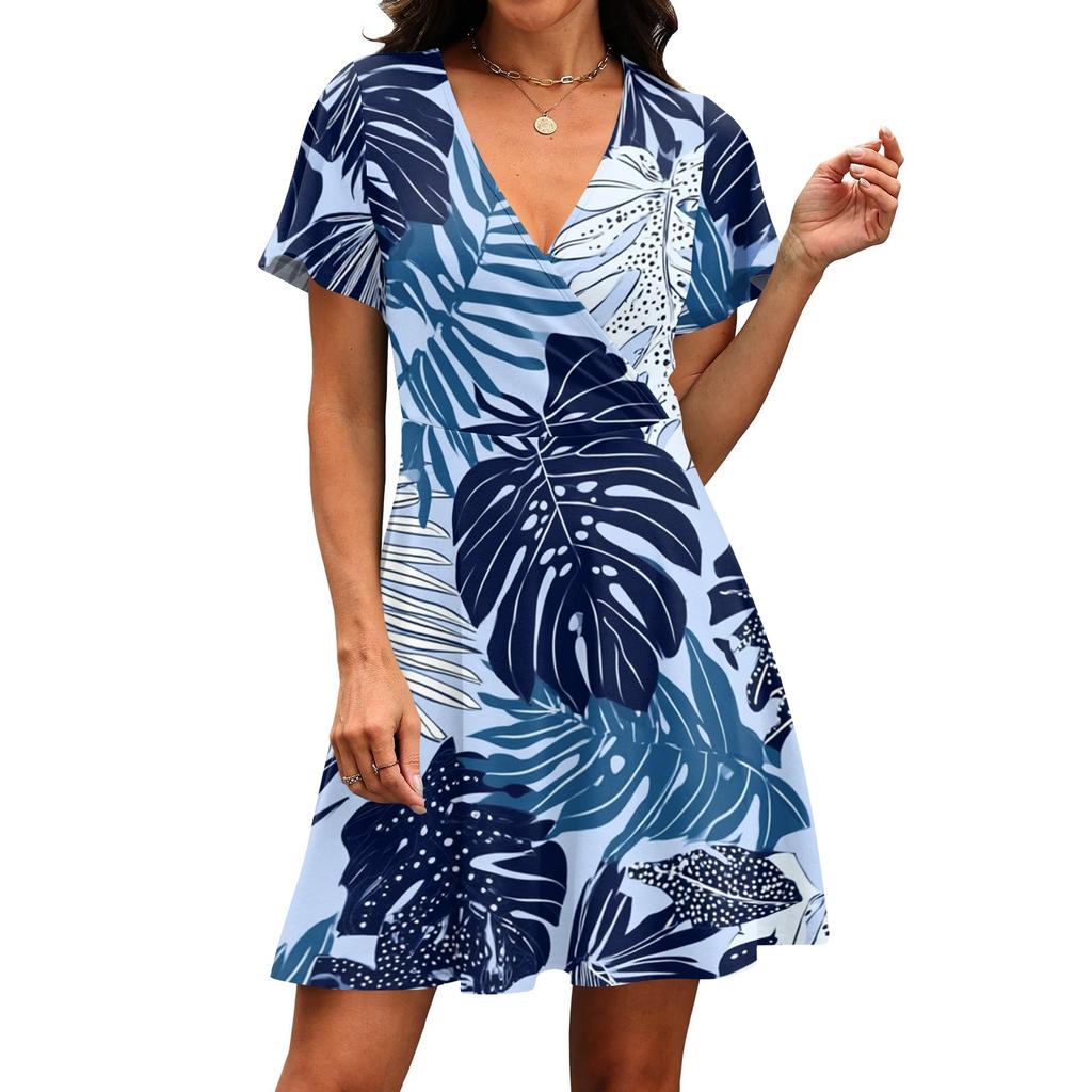 Women's Casual Short Sleeve Dress V Neck Hawaiian Print Summer Beachwear Lightweight Comfortable Fit Above Knee Length