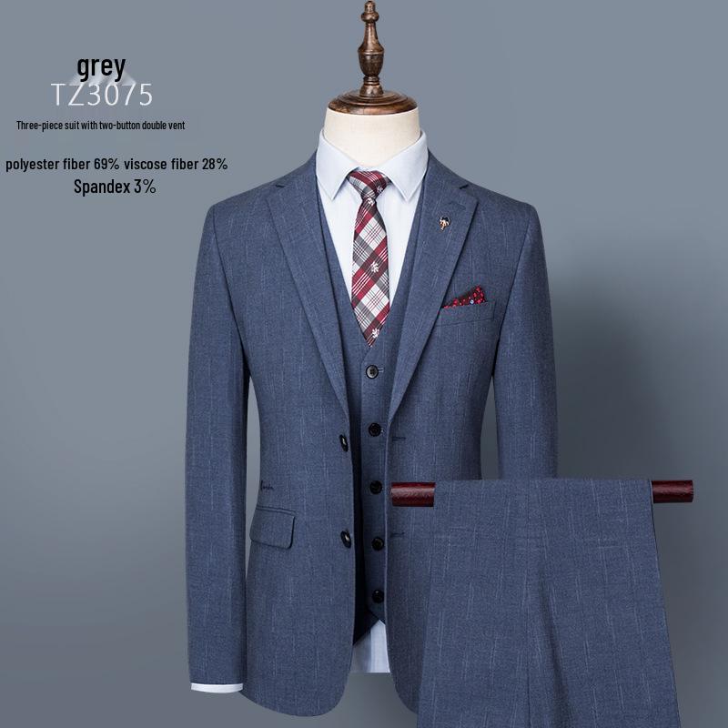 Men's Plaid Slim Fit Korean Style Tuxedo Three-Piece Suit for Weddings & Photography