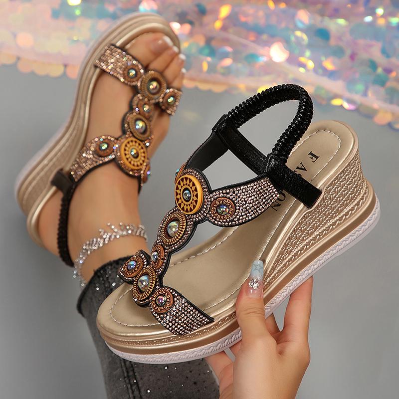 Fashion Shiny Rhinestone Wedge Heel Sandals Women Bohemian Style Chunky Platform Sandalias Mujer 2025 Fashion Thick Bottom Dress Sandals