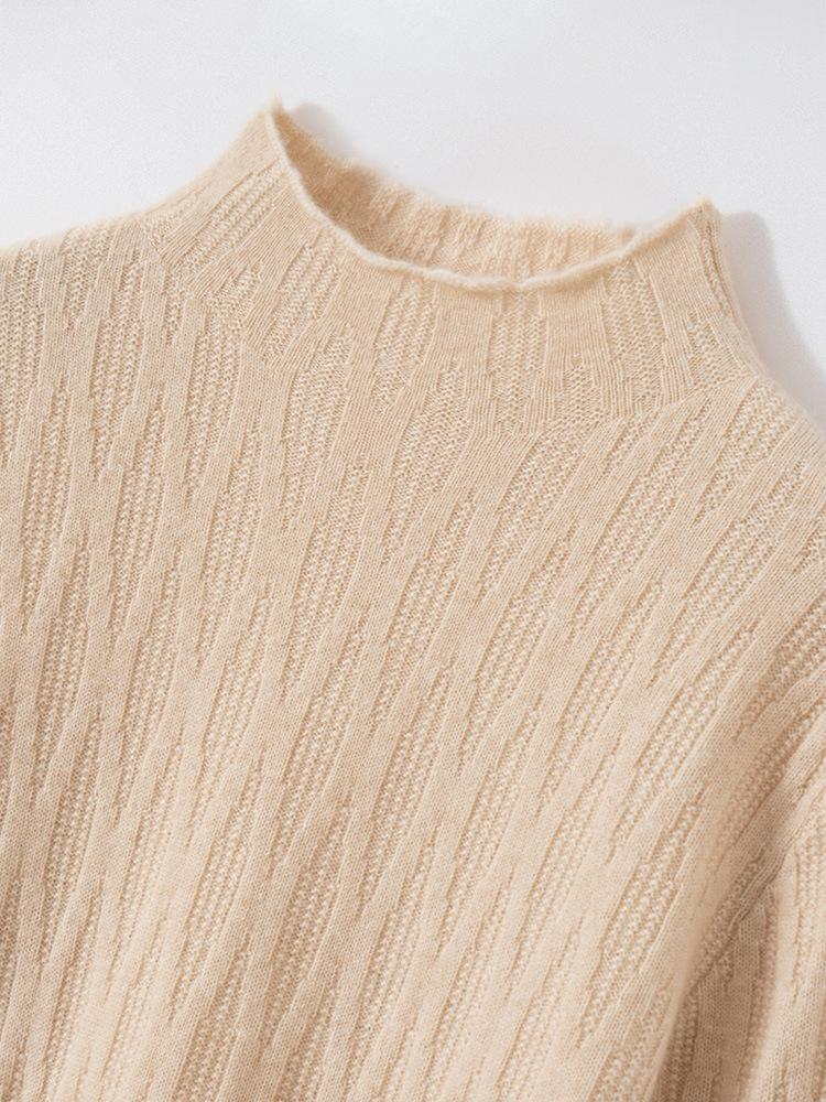 Women's Cable Knit Cashmere Sweater - 12-Gauge, Lychee Pattern, Half-High Neck, Fleece Lining, Twist Design, Wool Base Layer