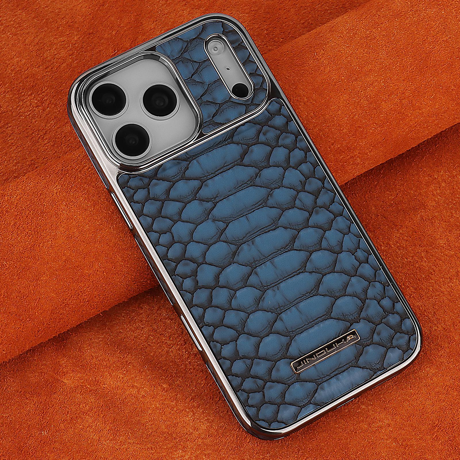 

Plating Bumper High-end Leather Case for iPhone 17 Pro Max 17 Air 16 Plus 15 14 13 12 Snakeskin Pattern Soft Edge Phone Cover iPhone Air синий