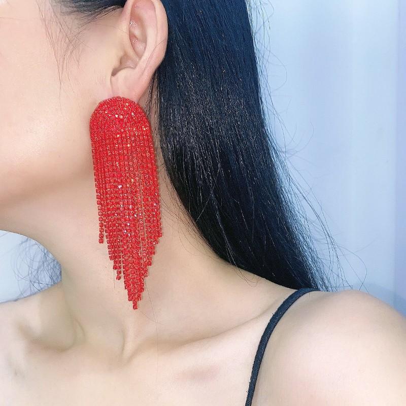 2022 New Fashion Long Tassel Rhinestone Drop Earrings for Women Ovsize Crystal Dangle Earrings Fashion Jewelry
