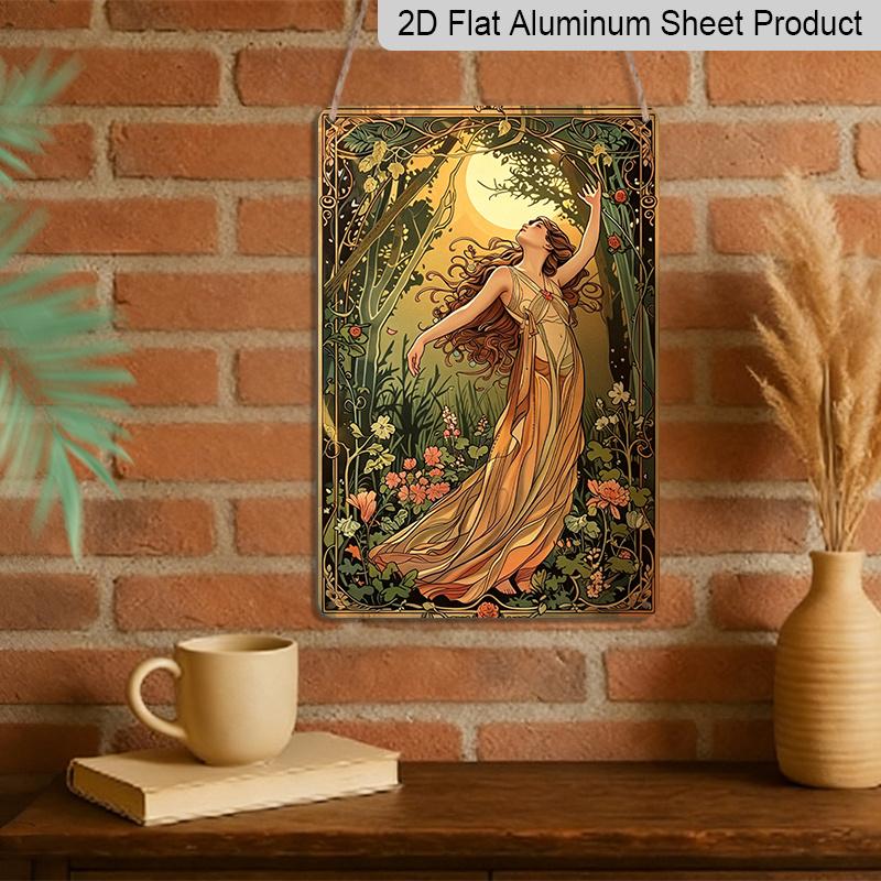 2D Flat Vintage Garden Girl Aluminum Wall Art- 8x12 Inches, Elegant Forest Scene with Flowing Dress& Blooming Flowers, Perfect for Indoor/Outdoor
