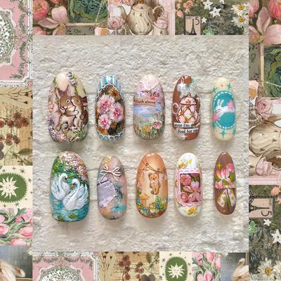 24PCS Gentle Field Patterns Press On Nails with Glue Sweet Swan Rabbit Oil Paintings Almond Fake Nails Wearable False Nails Tips