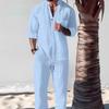 Set Due Pezzi Uomo Casual Cotone Lino Moda Larga Scollo a V Manica Corta Top e Pantaloni Completi Abbigliamento Stile Spiaggia Uomo Estate
