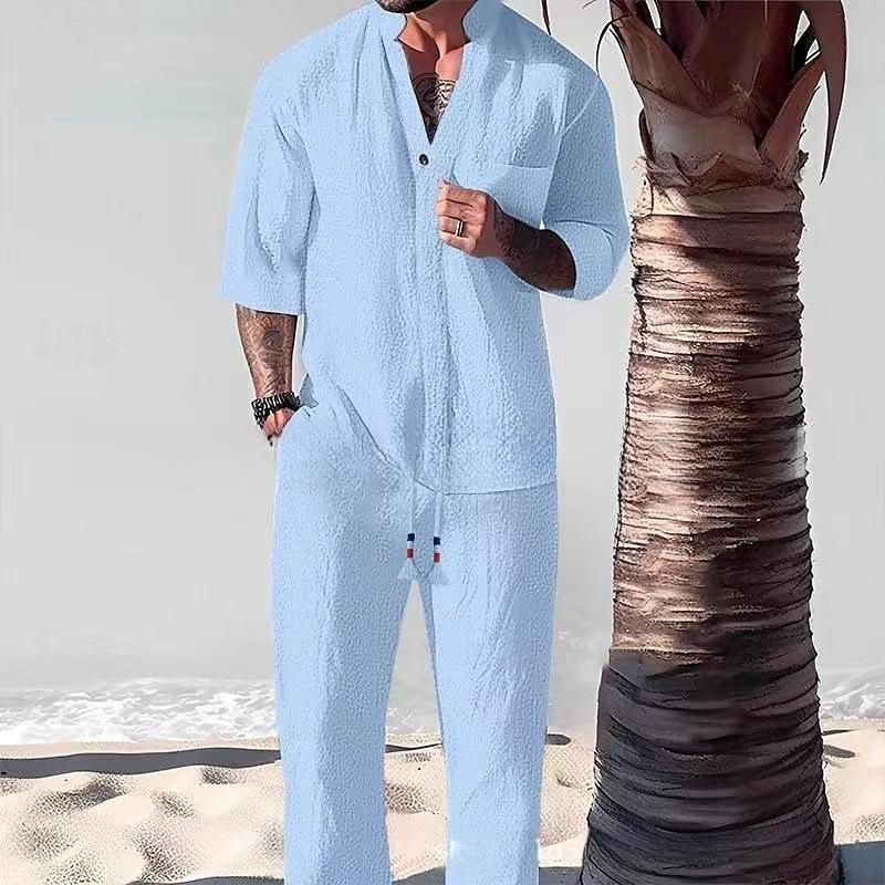 Set Due Pezzi Uomo Casual Cotone Lino Moda Larga Scollo a V Manica Corta Top e Pantaloni Completi Abbigliamento Stile Spiaggia Uomo Estate