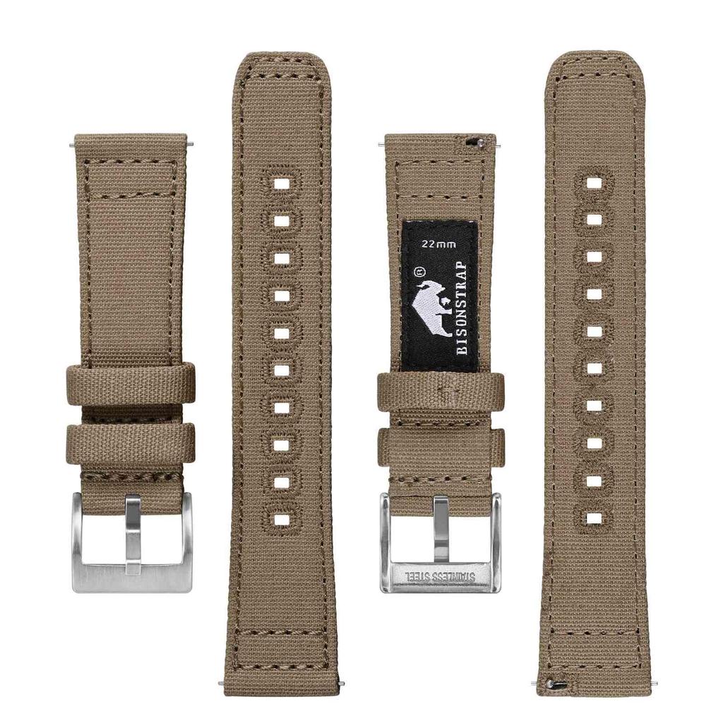 Nylonowy Pasek do Zegarka Szczotkowana Klamra Quick Silver Wymienny Pasek [BISONSTRAP] Pasek, Płótno, Klamra, Zwalniacz, 20mm, Khaki,