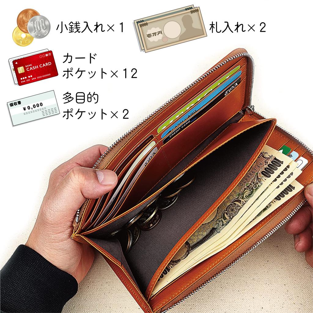 Kubota Tochigi Leder Herren Reißverschluss Langbörse, Echtes Tochigi Leder, Hergestellt in Japan, TGT-3477 (Kamel)