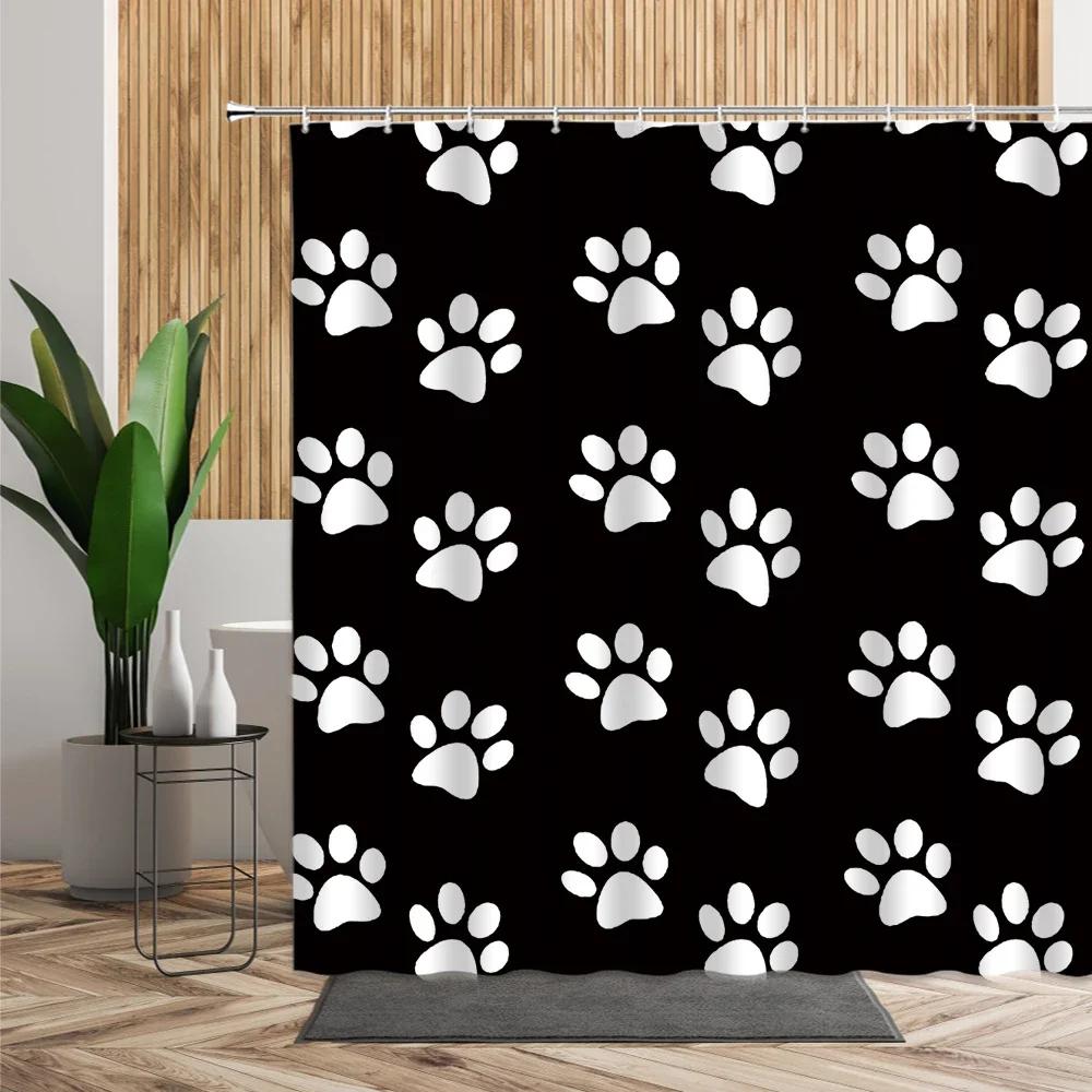 3D Cartoons Black White Cat Bathroom Waterproof Shower Curtain Simple Footprint Bathroom Curtains Set Bathtub Screen With Hooks