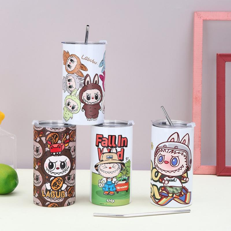 Cartoon Straw Cup Thermos Cup High Value Portable Coffee Cup Ice American Large Capacity Straight Cup