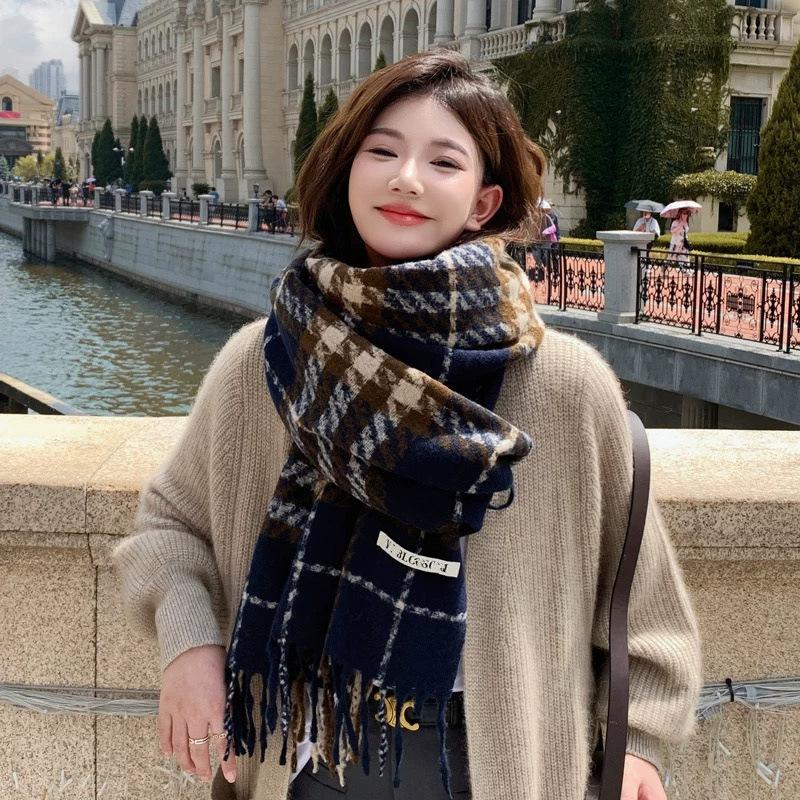 New Type of Enlarged Winter All Match Plaid Scarf for Women Thickened Shawl for Couples Tassel Student Warm Scarf for Men