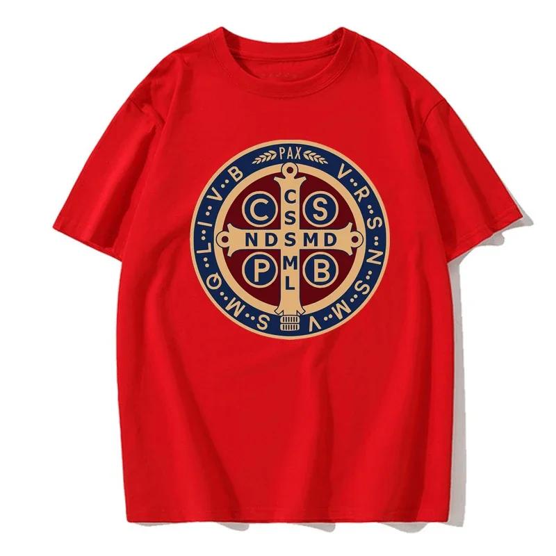 The Saint Benedict Medal Catholic Pullover Tees Camisas Men Slim Fit Mens T Shirt Printed T Shirt Cotton
