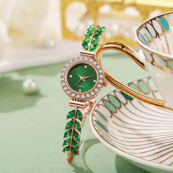 Women Rhinestone Leaf Watch Round Dial Ladies Casual Formal Dress Quartz Bracelet Wristwatch Fashion Jewelry Accessory